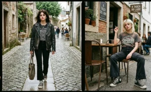 A side-by-side collage of two women wearing classic canvas high-top sneakers with black denim flares, styled with an edgy leather jacket and a vintage graphic tee.