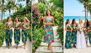 A 3-panel photo collage contrasting bridesmaids in vibrant tropical print and floral maxi dresses with the bride standing out in a solid white linen dress on the beach.