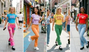 A four-panel collage of women wearing chunky Mary Jane platforms with colorful low-rise Y2K flare denim and fitted baby tees.