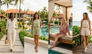 A four-panel composite image depicting four women modeling varied monochromatic co-ord sets in a bright, sunny tropical resort setting. They wear lightweight matching tops and bottoms in colors like cream, matcha green, and dusty rose, showcasing minimalist summer fashion.