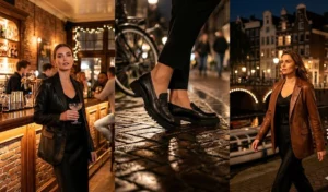 Amsterdam evening outfits featuring vegan leather blazers, silk camisoles, and lug-sole loafers for a night out.
