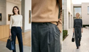 Elegant winter outfits featuring fine cashmere sweaters and tailored wool trousers highlighting an old money aesthetic.