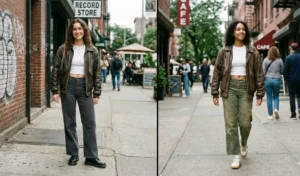 Side-by-side images of women mixing edgy and cozy textures, wearing vintage leather bomber jackets, cropped baby tees, and wide-leg corduroy pants in muted charcoal and olive green tones.