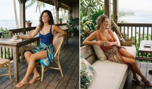 "Two women lounging at a Hawaiian cafe wearing chic silk scarf sarongs tied over one-piece swimsuits."
