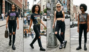 Collage of four women showing an edgy urban aesthetic in ripped-knee black jeans and chunky lug-sole leather sandals on downtown streets.