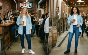 "Women wearing double denim outfits with white t-shirts at a brewery."