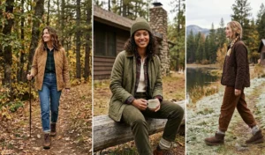 "Women wearing quilted jackets with flannel shirts and boots in a rustic outdoor setting."