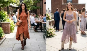 Two-panel image featuring sophisticated asymmetrical hem midi dresses perfectly framing polished western cowboy boots.