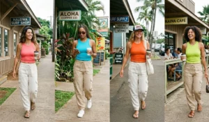 "Four women in a beach town wearing relaxed beige cargo-style linen trousers paired with vibrant racerback tank tops."