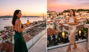 Elegant women at a Lisbon rooftop bar at sunset, wearing backless halter-neck midi dresses in deep jewel tones and metallic colors.