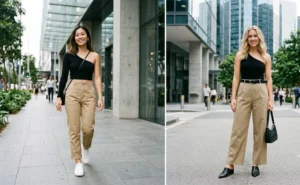 Modern city outfits showcasing two women wearing versatile high-waisted khaki chino pants and trousers elevated with sleek, black one-shoulder crop tops and minimalist accessories.