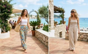 Breezy summer resort wear featuring two women wearing comfortable, vibrant wide-leg palazzo pants perfectly paired with fitted, square-neck smocked crop tops.