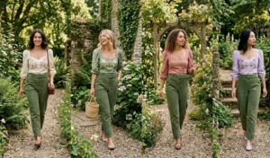 Four women walking in a rustic botanical garden wearing high-waisted moss green corduroy trousers paired with lightweight puff-sleeve blouses to create a whimsical woodland outfit.