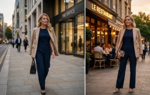 Two women modeling tailored navy jumpsuits with structured blazers draped over their shoulders, perfect for transitioning from professional office wear to evening outfits.