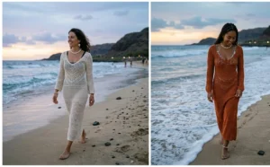 "Two women on a beach at dusk wearing crochet knit maxi dresses over swimsuits with shell jewelry."