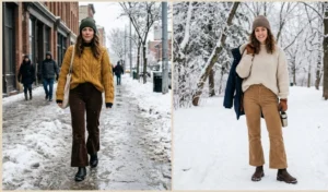 A side-by-side collage of two women wearing rugged chunky Chelsea boots with thick corduroy flares and oversized knit sweaters in a winter setting.