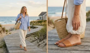 A two-panel image capturing the Coastal Granddaughter aesthetic with a breezy blue-and-white striped oversized shirt, flowy cream linen pants, and minimalist gold jewelry.
