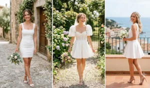 A 3-panel photo collage showing a bride wearing different styles of Little White Dresses, including a sleek bodycon, an A-line skater dress, and a classic mini dress with nude heels.