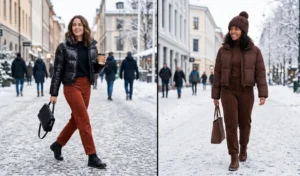 Side-by-side images of women in winter street style, wearing shiny black and chocolate brown cropped puffer jackets styled with high-waisted straight corduroy pants and chunky beanies.