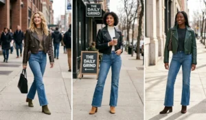 A three-panel collage showcasing women styling suede block heel booties with medium-wash vintage flare jeans and cropped leather jackets.