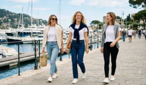 Effortless preppy style featuring women wearing casual tees and denim with luxurious cashmere sweaters stylishly draped over their shoulders.