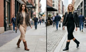 Two-panel image showing women wearing form-fitting ribbed knit midi dresses paired with mid-calf western boots.
