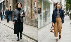 "Women styling collarless quilted jackets with wide-leg culottes and loafers."