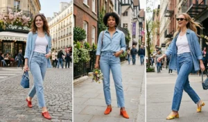 A three-panel image of women wearing stylish denim-on-denim spring outfits featuring chambray shirts and classic straight-leg jeans.