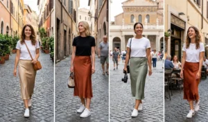 A four-panel photo collage showing women in the Trastevere neighborhood wearing silky midi slip skirts in champagne, rust, and sage green, paired with crisp cotton t-shirts and white leather sneakers.