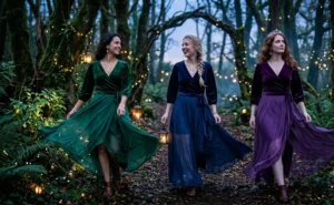 Three women in a magical evening woodland setting wearing rich jewel-toned velvet wrap tops paired with flowing semi-sheer chiffon skirts and delicate silver moon jewelry.