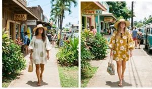 "Two women walking through a surf town wearing modern oversized shift dresses with tropical leaf prints and straw hats."