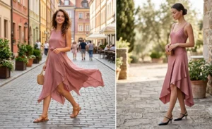 "Split-screen image showcasing dresses with dynamic asymmetrical and handkerchief hemlines for a fluid, modern look."
