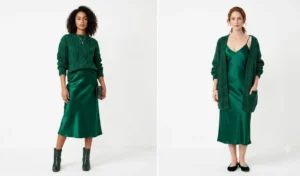 Two women modeling luxurious emerald green monochromatic outfits, contrasting a glossy satin midi skirt and slip dress with a matte chunky knit sweater.