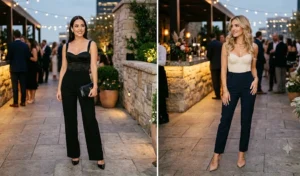 Sophisticated evening looks featuring two women wearing tailored high-waisted wide-leg trousers paired with structured, corset-style bustier crop tops in black and cream.