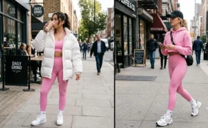 A 2-panel image featuring women in bubblegum pink athleisure sets, matching sports bras and leggings, paired with oversized puffer jackets and chunky dad sneakers.