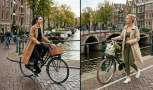 Functional and stylish cycling outfits in Amsterdam featuring long trench coats and monochromatic activewear sets.