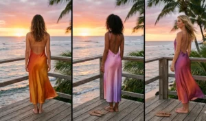 "Three women at a beachside dinner wearing backless floor-length silk slip dresses in sunset gradient colors."