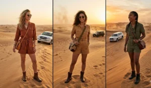 Three women dressed in earth-toned rompers and leather ankle boots, ready for a desert safari adventure in Dubai.