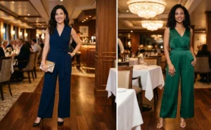 A side-by-side collage of women wearing well-tailored, wide-leg jumpsuits as a sophisticated alternative for cruise dinner outfits.