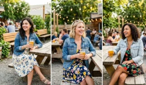 "Women wearing floral sundresses and denim jackets at a sunny brewery patio."