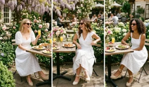 A three-panel image of women at an outdoor spring brunch wearing airy white eyelet cotton dresses styled with wedge espadrilles and sunglasses.