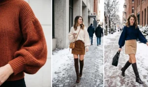 Youthful winter fashion showing voluminous balloon-sleeve knit sweaters paired with suede mini skirts and over-the-knee boots.