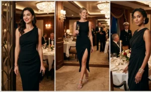 A collage of women wearing modern, reimagined Little Black Dresses with statement accessories for the cruise ship's formal Captain's Dinner.
