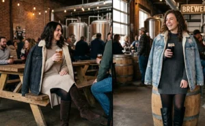 "Women wearing knit midi dresses with oversized denim jackets in a brewery."