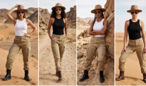 Four women wearing trendy khaki cargo pants and fitted tank tops in a desert landscape setting.