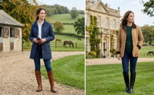 "Women styling quilted jackets with dark skinny jeans and leather riding boots."