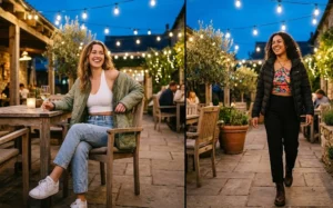 Cozy transitional evening outfits featuring two women wearing lightweight green and black quilted liner jackets draped stylishly over simple halter crop tops and high-waisted bottoms.