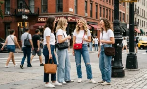 Women's casual street style using a vibrant cherry-red designer crossbody bag to add a bold pop of color to a simple white t-shirt and jeans outfit.