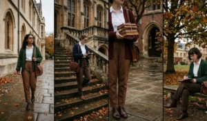 Four women wearing vintage-inspired Dark Academia outfits with high-waisted chestnut brown tweed trousers, crisp white oxfords, and chunky cardigans.