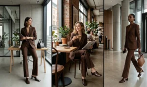 A three-panel collage featuring women wearing sleek square-toe mules paired with chocolate brown tailored flare trousers and matching blazers for a 90s minimalist aesthetic.